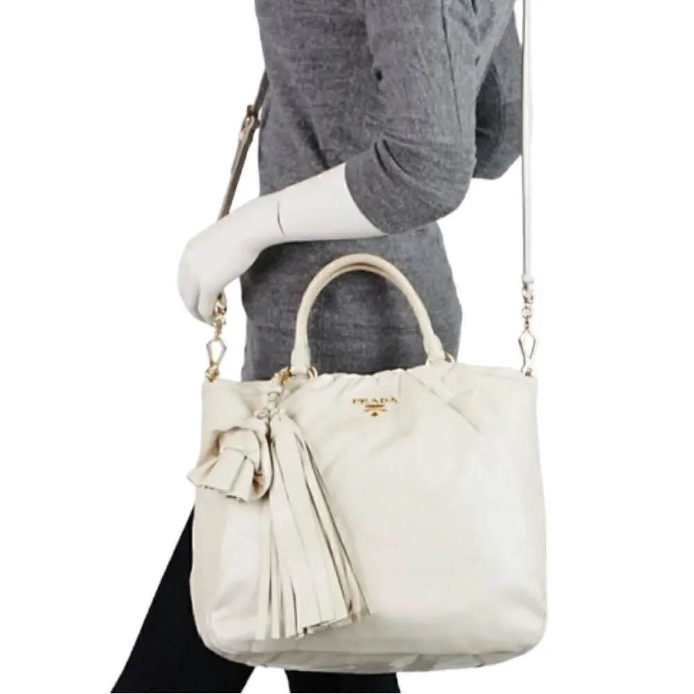 PRADA Vitello Two Way Hobo Beige Fringe Leather Bag - Picture 15 of 15